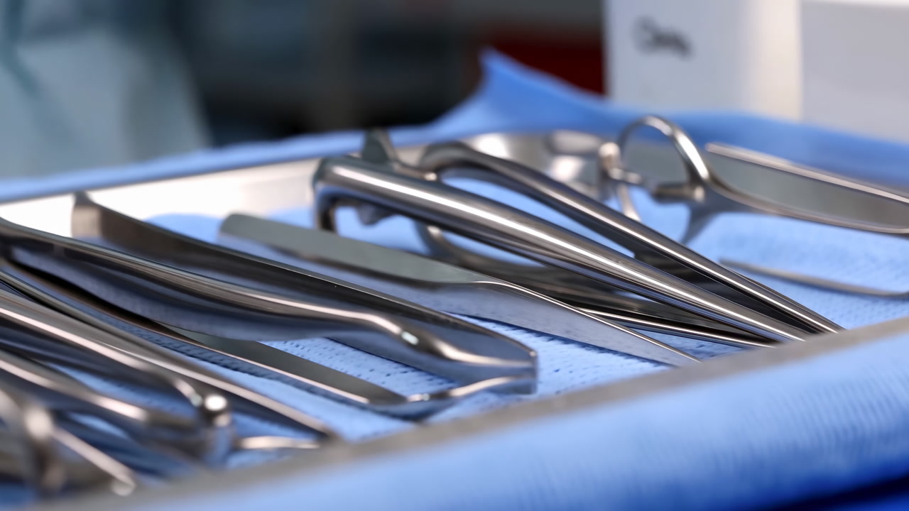 Surgical Instruments On Sterile Tray, Gloved Hand Arranging Forceps And Scalpel Over Blue Drape
