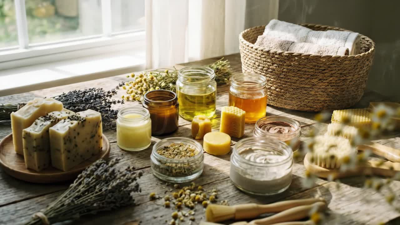 Natural Skincare Products and Spa Essentials on Wooden Table
