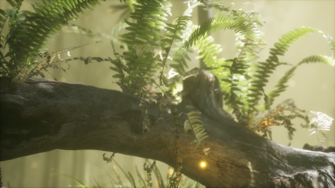 tronco del árbol doblado horizontalmente con helechos creciendo, y la luz del sol brillando