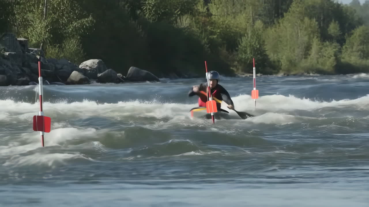 Uomo in kayak attraverso le porte dello slalom in acque bianche