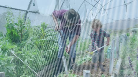 Animation-of-financial-data-processing-over-caucasian-man-and-his-son-working-in-garden