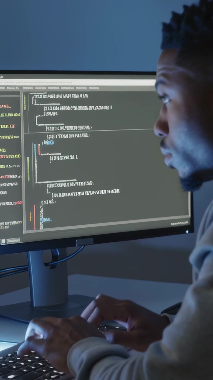 Vertical video: Typing coder in hoodie reading and coding at home, monitor keyboard, copy space