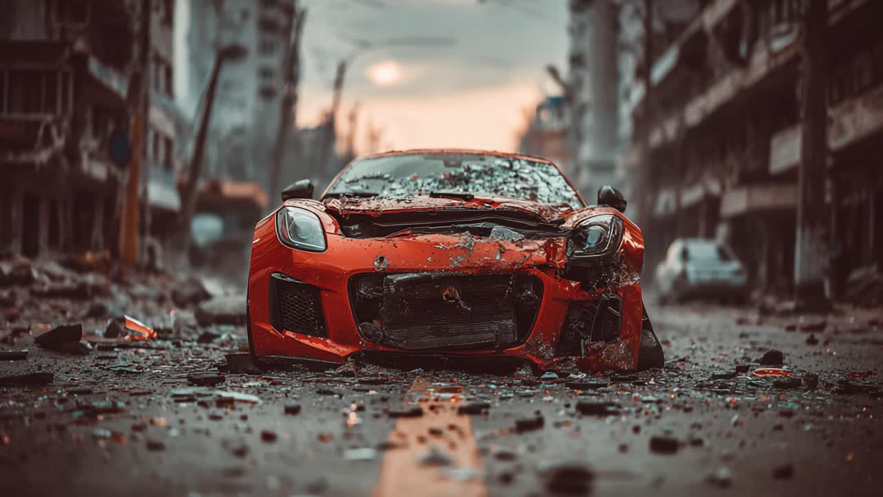 A Striking Abandoned Scene Featuring a Severely Damaged Red Sports Car Amidst the Ruins of a Post-Apocalyptic Urban Landscape at Dusk