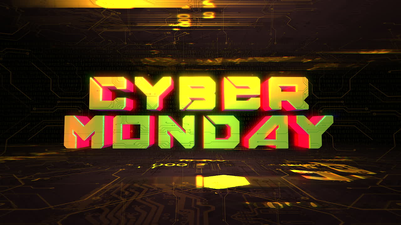 lunes cibernético en la placa base con luz de neón