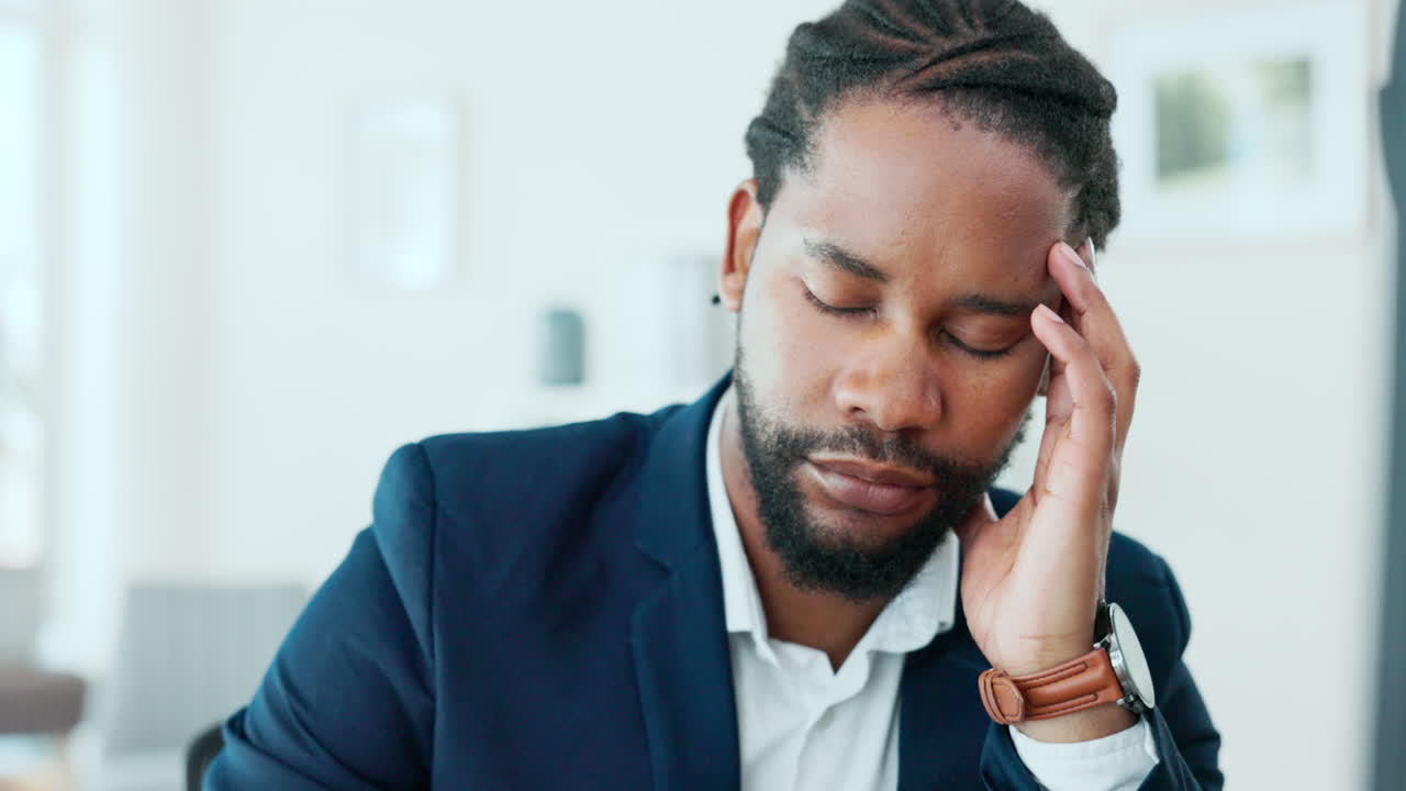 Business, stress and black man with headache