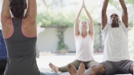 adultos mayores diversos haciendo ejercicio en clase de pilates con una entrenadora, sin alteración, en cámara lenta