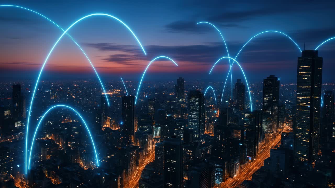 Aerial cityscape at dusk with glowing digital arcs connecting skyscrapers, suggesting futuristic