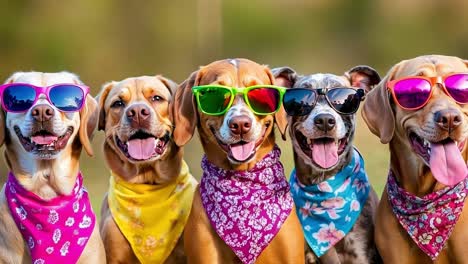 a group of dogs wearing sunglasses and bandanas