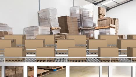 animación de cajas en cinta transportadora sobre el almacén
