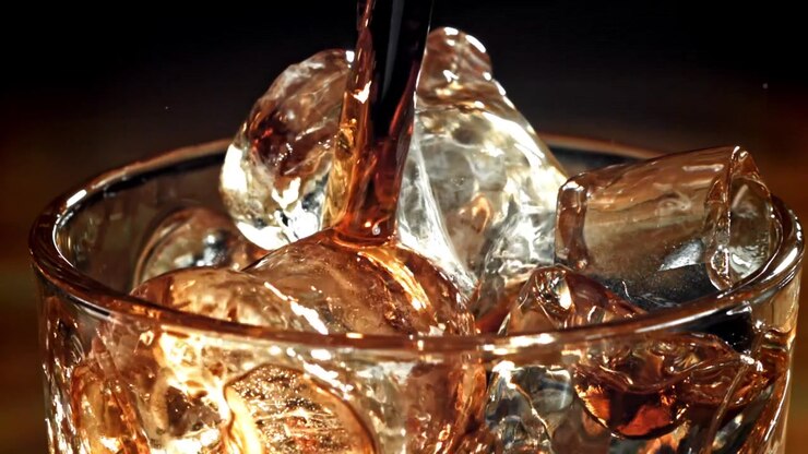 Liquido scuro versato su cubetti di ghiaccio in un bicchiere al rallentatore