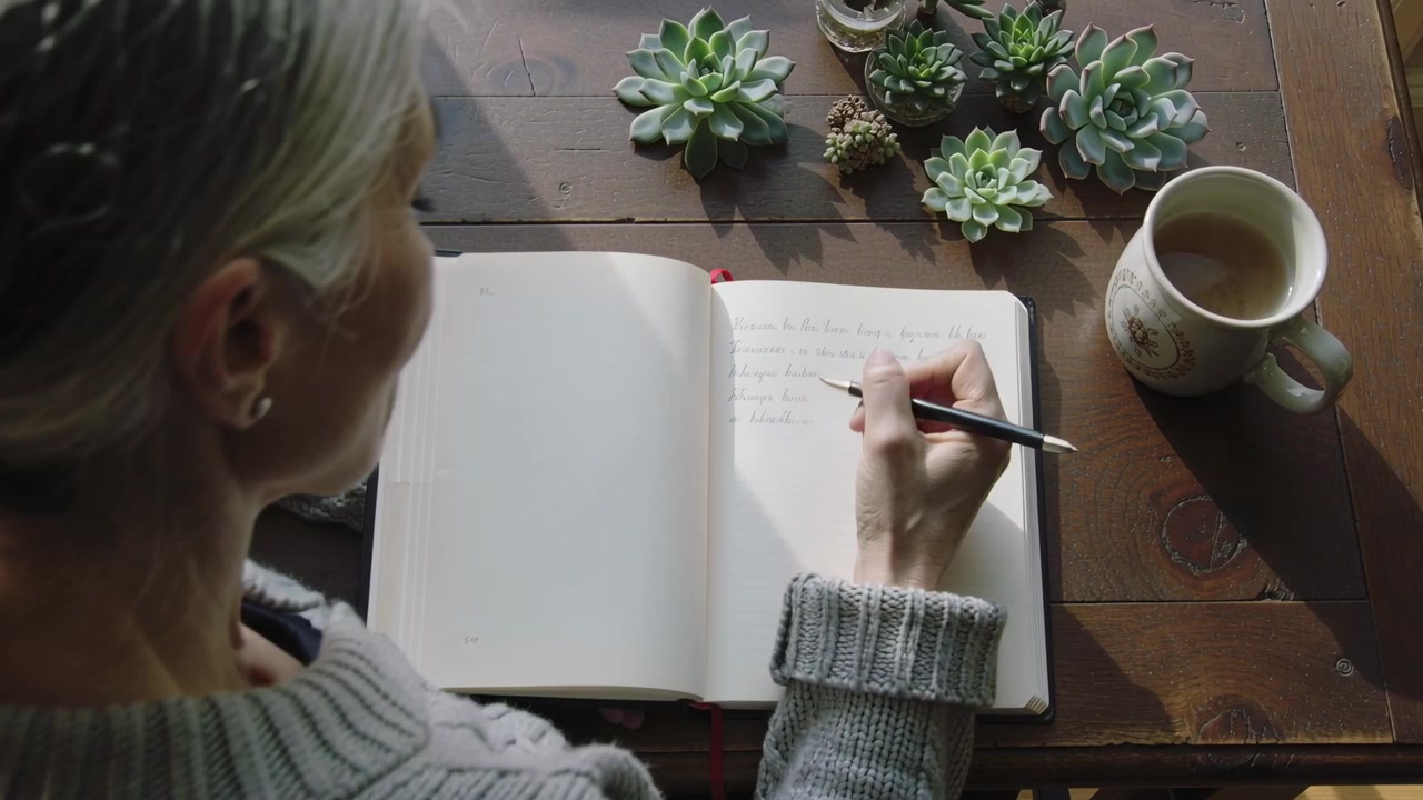 Idosa escrevendo em um diário, tocando uma caneta preta em um caderno sobre a mesa perto da janela, usando suéter de tricô, com uma caneca e plantas