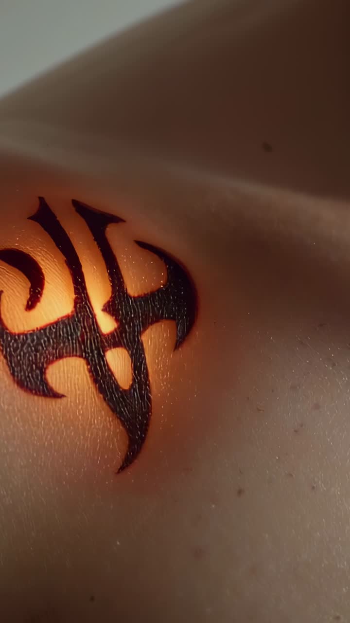 Vidéo verticale : lumière rasante changeante balayant un tatouage tribal noir dans une pièce, montrant les pores de la peau