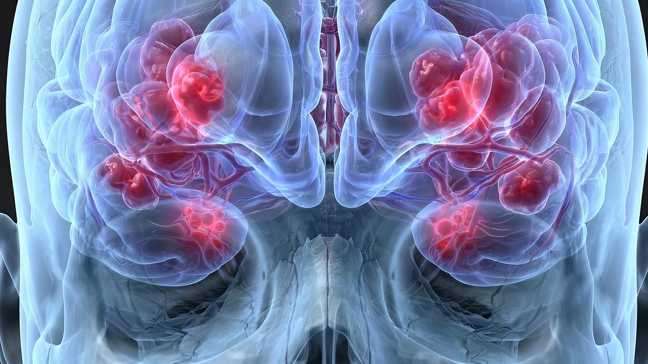 Scansione trasparente del cranio umano che mostra le cavità sinusali e le aree evidenziate del cervello