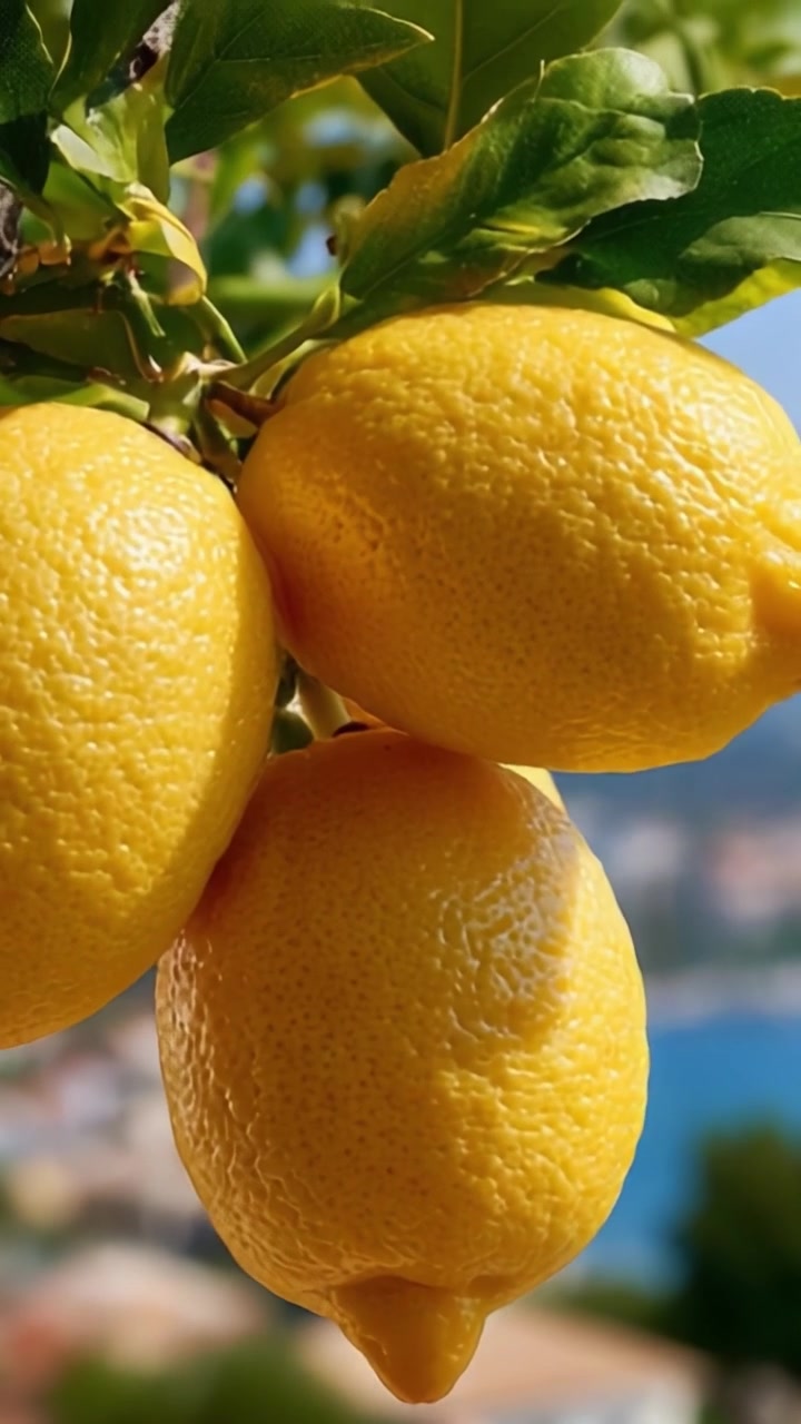 Un primo piano di limoni freschi su un ramo d'albero sotto la luce intensa del sole, che mostra la loro buccia ruvida e il vibrante colore giallo su uno sfondo bellissimo