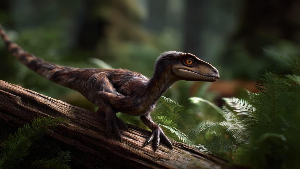 Un rendering realistico di un Velociraptor in un ambiente di fitta foresta, che mostra le piume, gli artigli affilati e l'espressione vigile del dinosauro in mezzo a una vegetazione lussureggiante.
