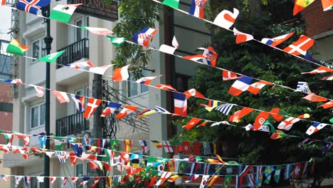 flags of many countries hang on ropes in the air at the city background