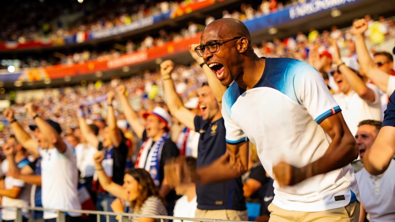 Shouting male fan in glasses, white shirt, leaning over railing in stand, pumping fists after goal