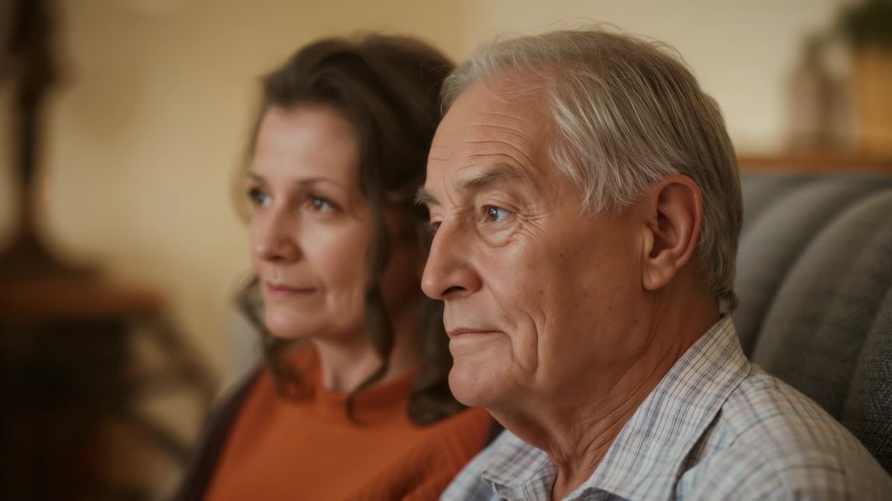 Een oudere man knijpt even met zijn ogen om uit te rusten op de bank, een vrouw in een oranje top kijkt toe