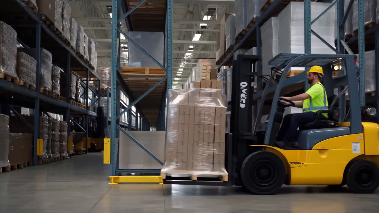 Forklift Operator Moving and Storing Boxes in a Warehouse