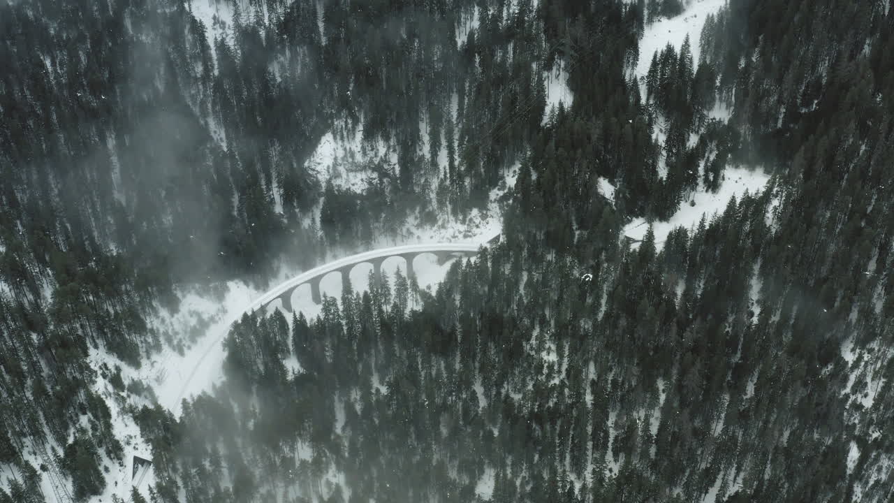 flight in a cloudy weather over viaduct in the forest