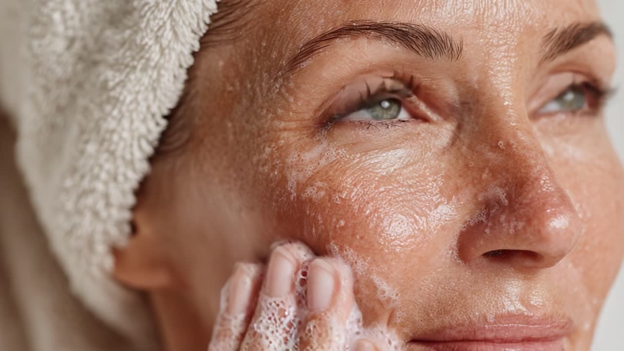 A serene moment of self-care as a woman gently cleanses her face, showcasing the importance of skincare and relaxation in daily routines