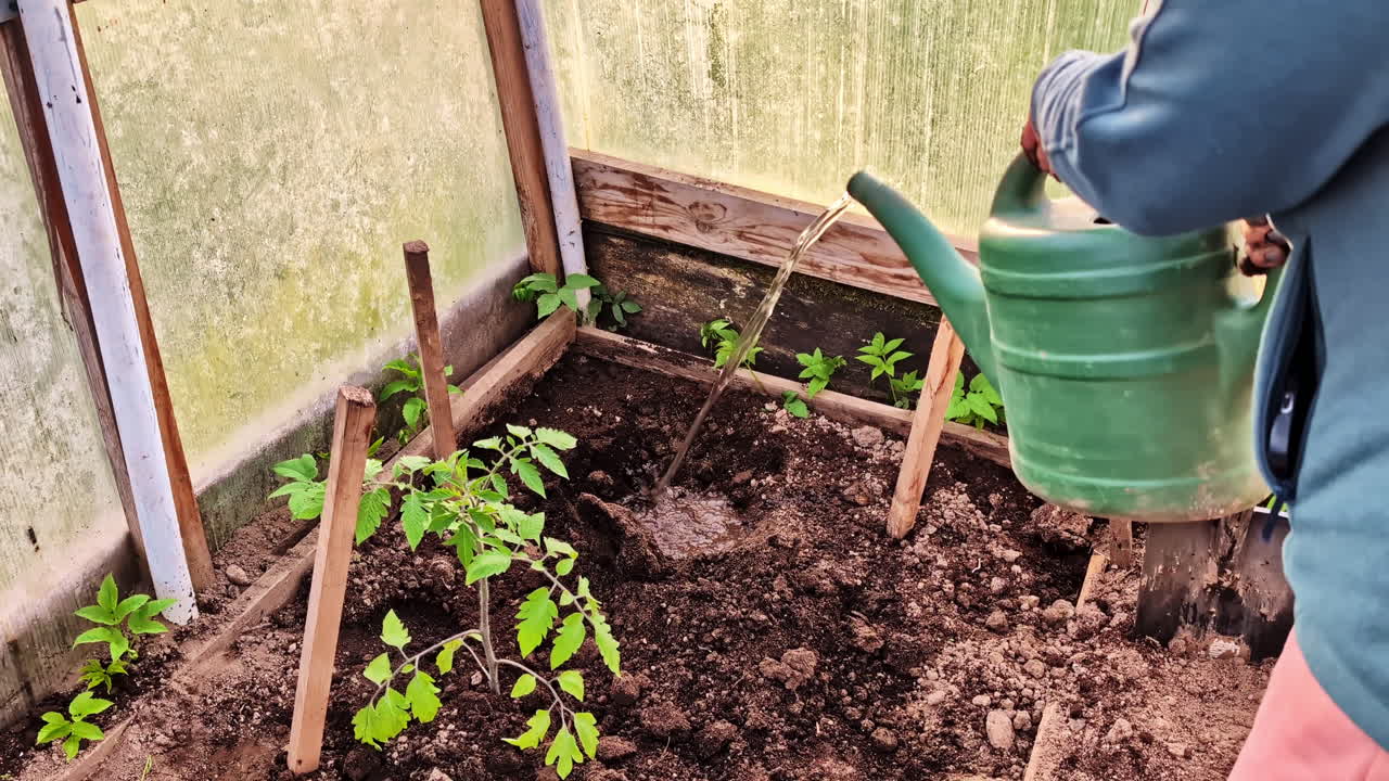 Persona che innaffia piante di pomodoro in una serra usando un annaffiatoio verde.