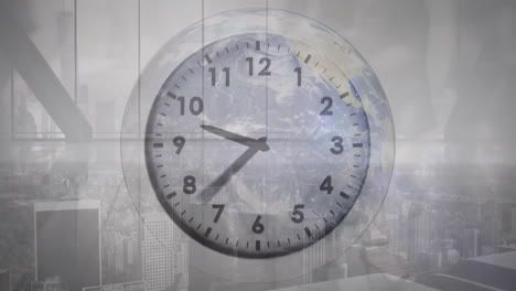 animation of clock ticking over busy city