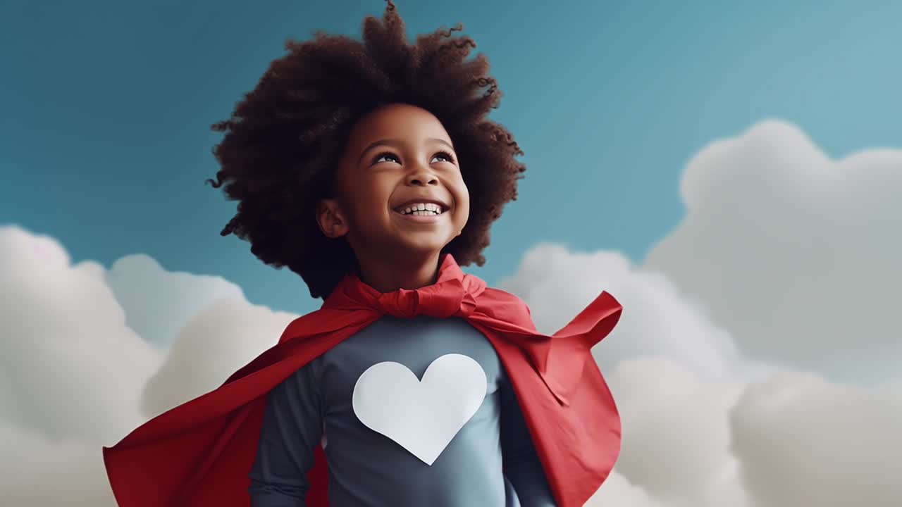 A young child with a superhero cape looks up to the sky