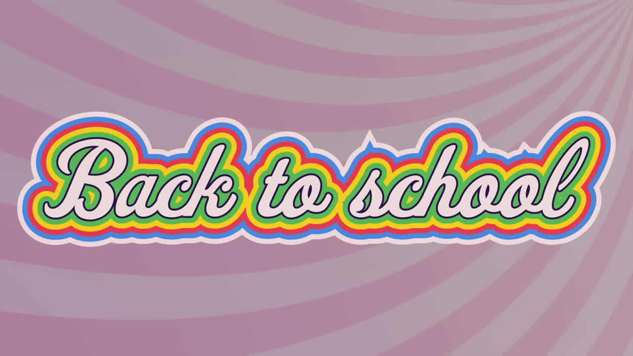 보라색 배경에 매 없는 패턴으로 방사선에 대항하여 학교로 돌아가는 텍스트 배너의 애니메이션