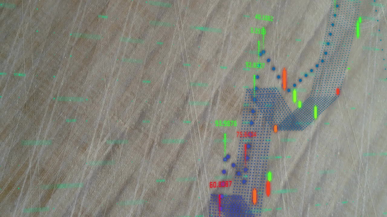 Digital chart data being visualized in flat design showing numbers, dotted trend and candle bars