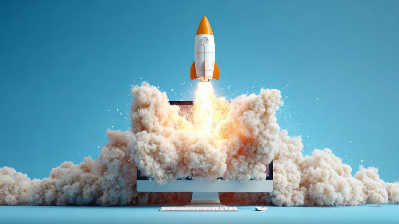 A Futuristic Rocket Launching from a Computer Screen Surrounded by Clouds, Symbolizing Technology and Space Exploration Innovation