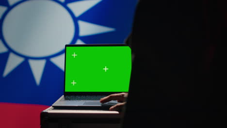 Taiwanese-insurgent-using-military-tech-on-green-screen-laptop