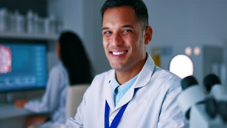 Scientist-man,-laboratory-and-face-with-happiness