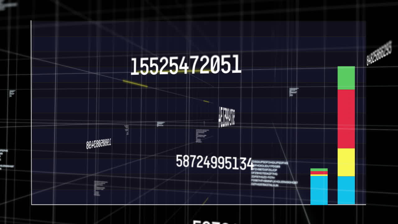 Animation of digital grid with floating numbers showing complex data processing