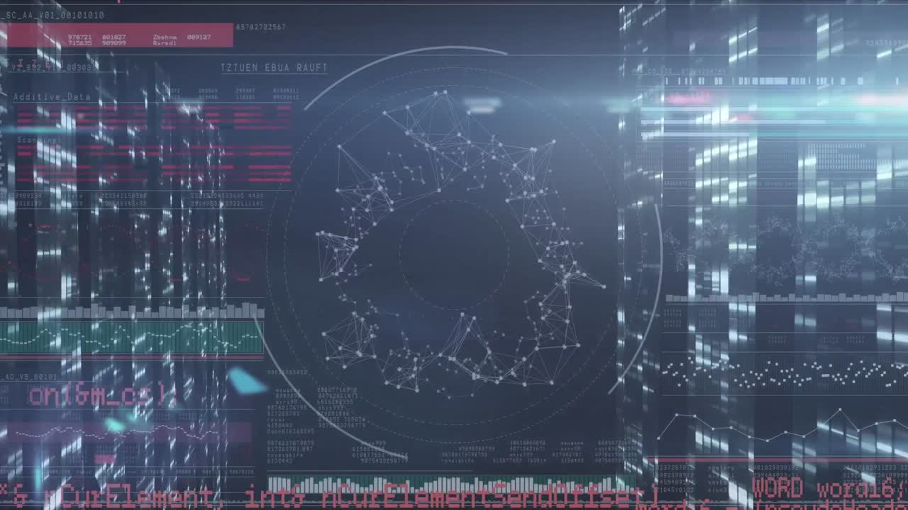 전 세계와 컴퓨터 서버에서 데이터 처리의 애니메이션