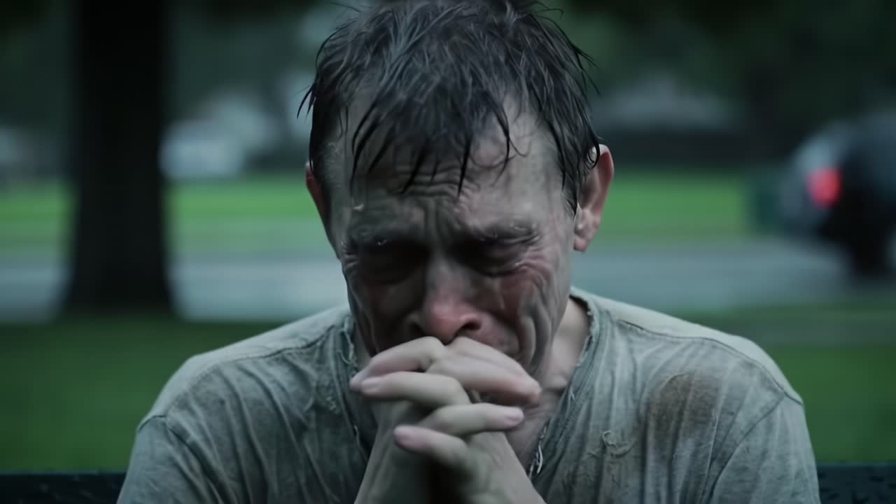 A man sits alone on a park bench, drenched by heavy rain. He is visibly upset, with tears streaming down his face as he appears to be lost in thought.