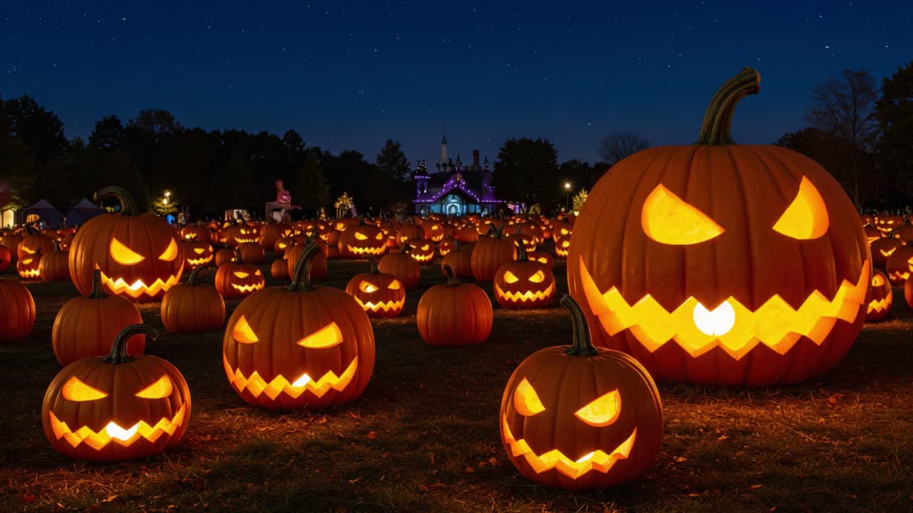 A Spooky Halloween Night Filled with Glowing Jack-O'-Lanterns, Each Emitting a Mysterious Glow That Adds to the Enchanting Atmosphere of the Festive Celebration