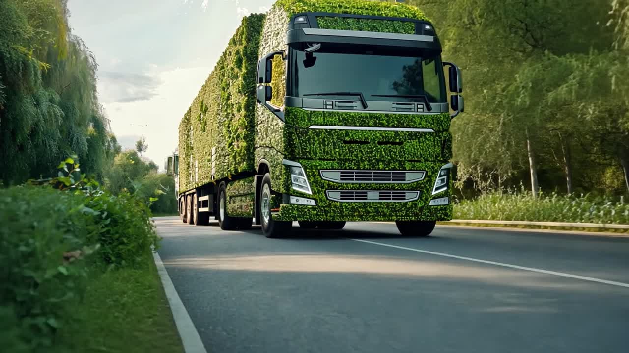 Eco-Friendly Truck Covered in Green Foliage on a Scenic Road