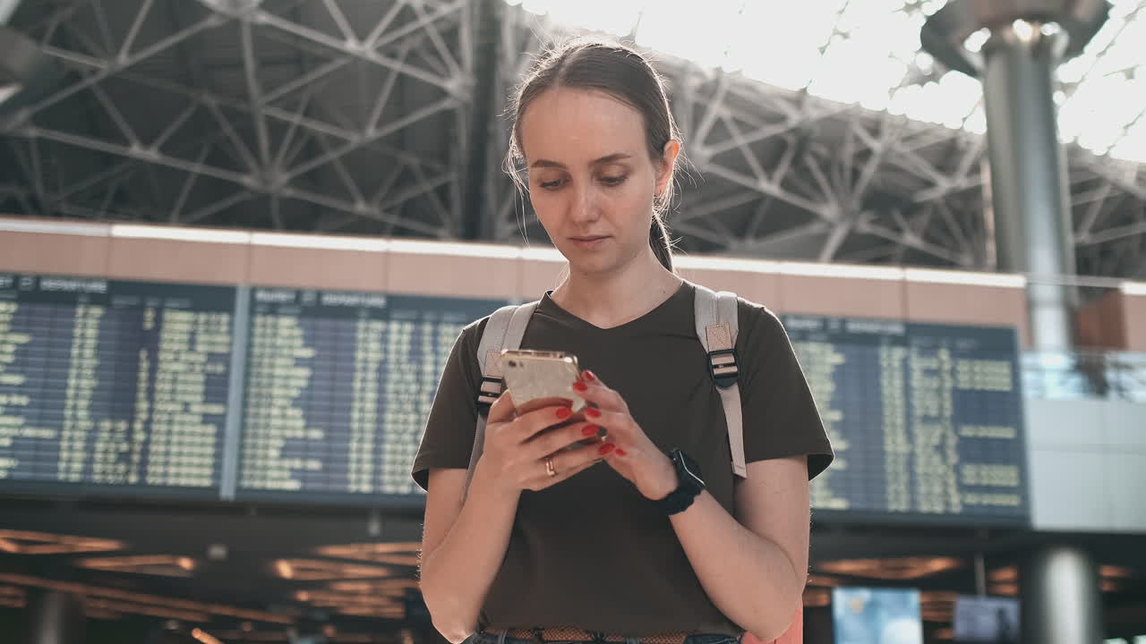 una mujer joven está en línea de check-in para abordar el avión. reservar un coche a través de la aplicación de teléfono inteligente. servicios de intercambio de coches desde su teléfono inteligente. reserva de hotel a través del teléfono