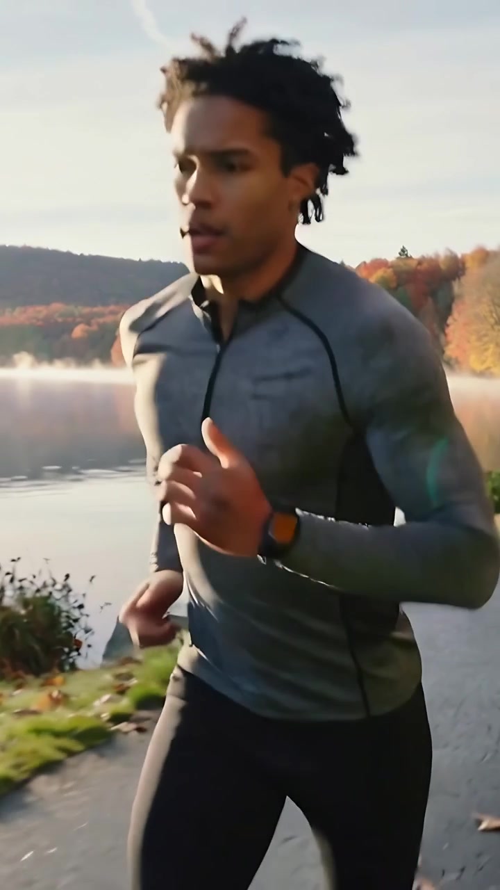 Video vertical: Hombre corriendo entrenando por un sendero brumoso junto al lago, árboles de otoño, vistiendo una camiseta con cremallera gris