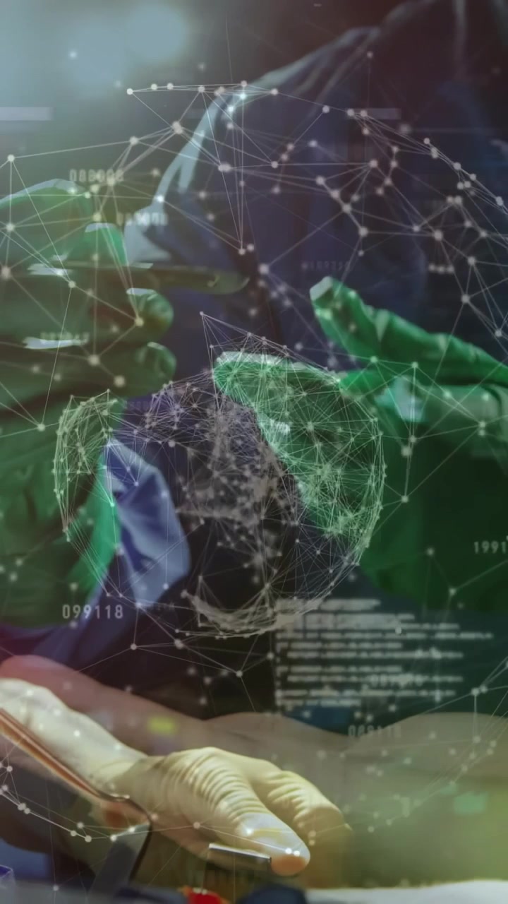 Vertical video: Surgeon lifting tool and initiating AR mesh, pinching mesh over torso to guide OR