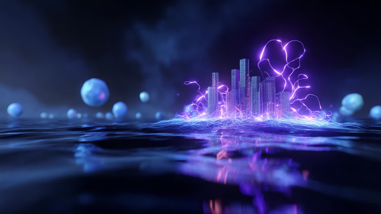 A mesmerizing visual display of a vibrant, electric city rising from tranquil waters, surrounded by floating spheres, showcasing the clash of technology and nature in a captivating abstract environment
