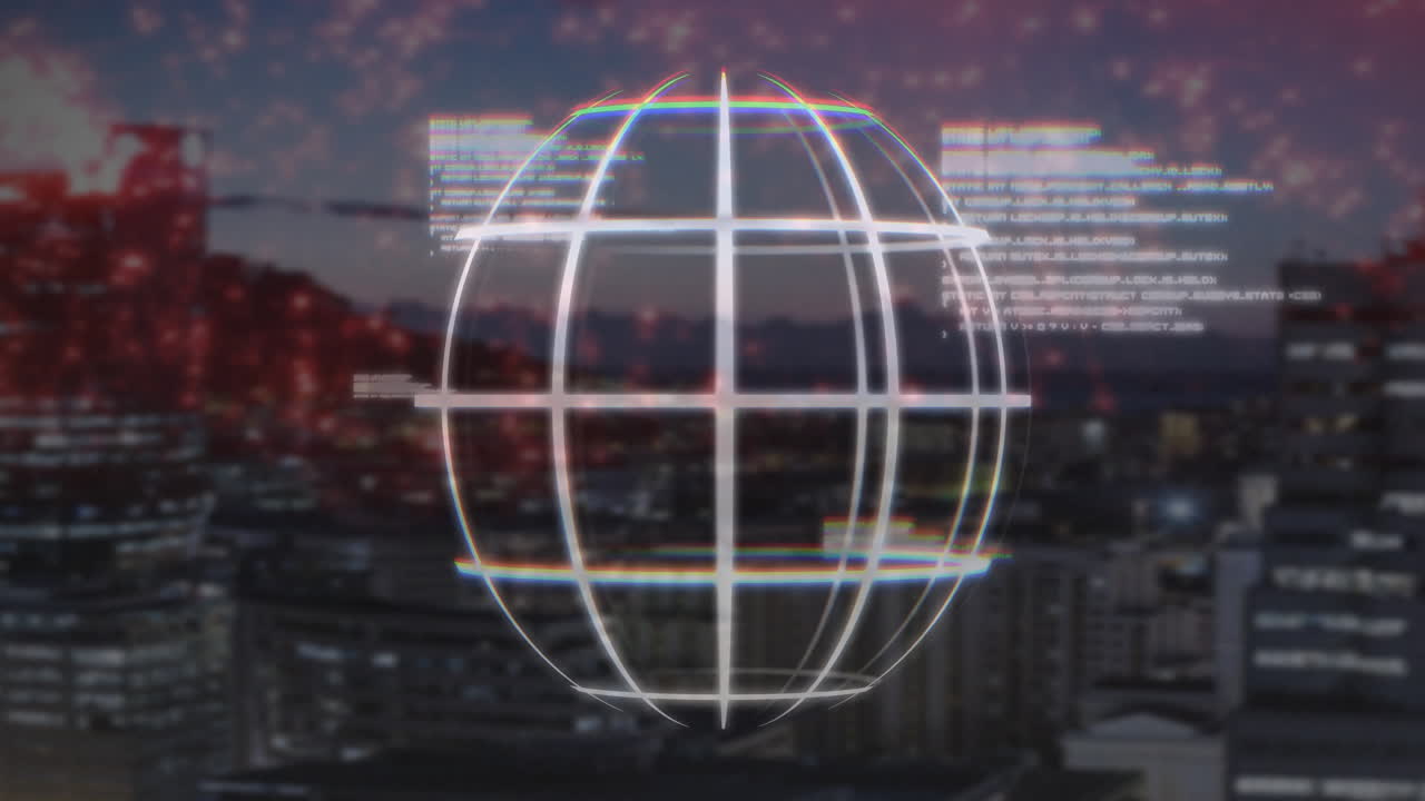 animación del procesamiento de datos digitales y globo sobre el paisaje urbano