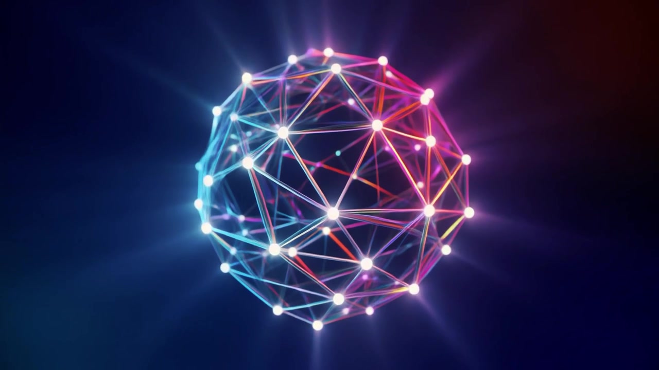 Glowing Neon Network Sphere Rotating in Dark Space