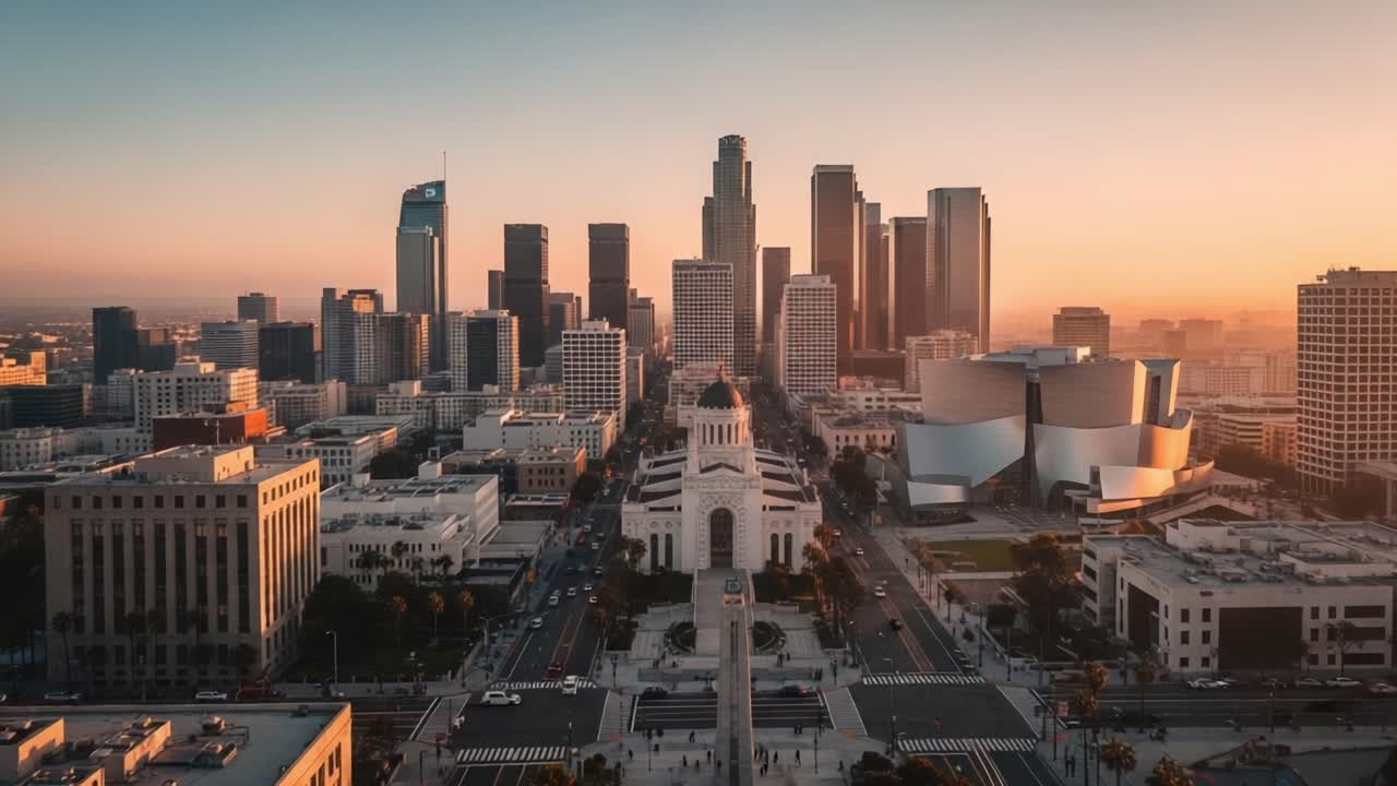 Aerial View of Urban Skyline at Sunset: A Stunning Perspective of Buildings, Architecture, and City Life Illuminated by the Orange Glow of Dusk