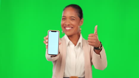teléfono de pantalla verde, feliz y mujer corporativa