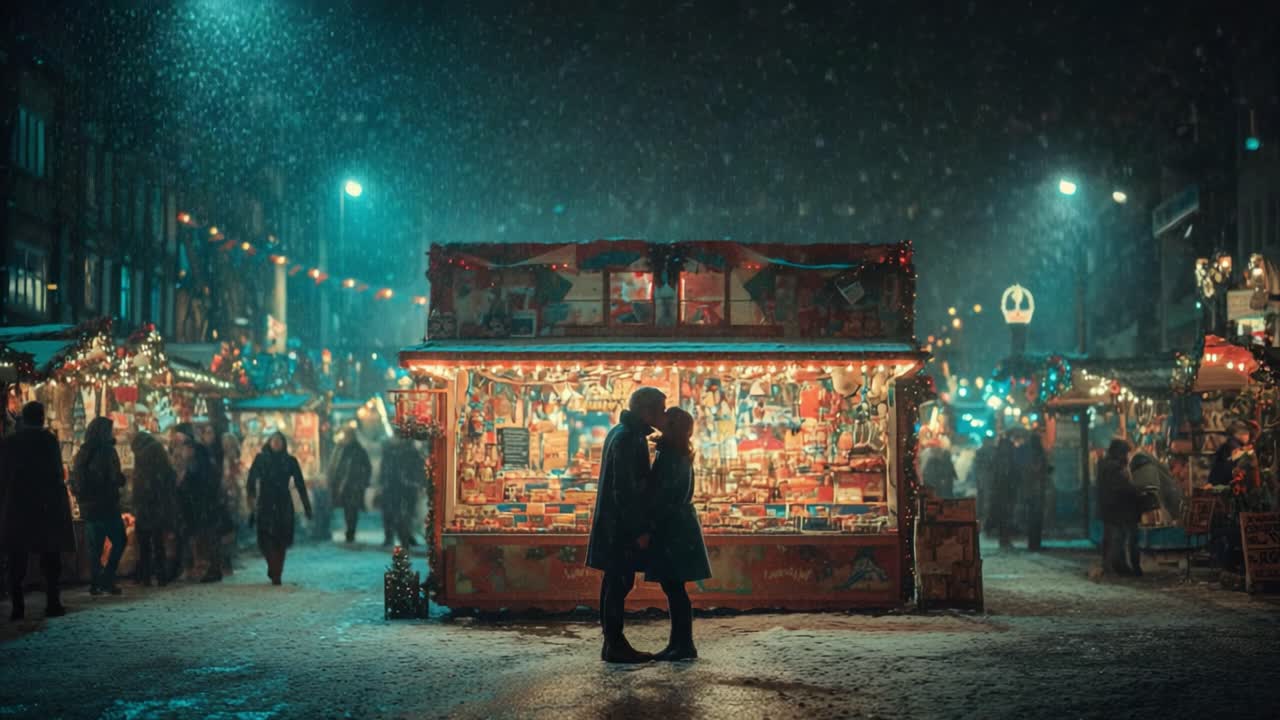 A Romantic Winter Evening in a Festive Market: A Couple Embraces Amidst Snowfall and Twinkling Lights, Surrounded by Holiday Cheer and Warmth