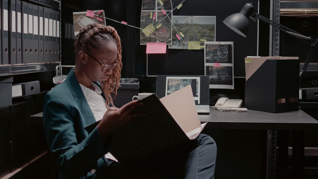 Detective reviewing case files in office