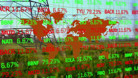 animation of stock market data processing over world map against network towers on grassland