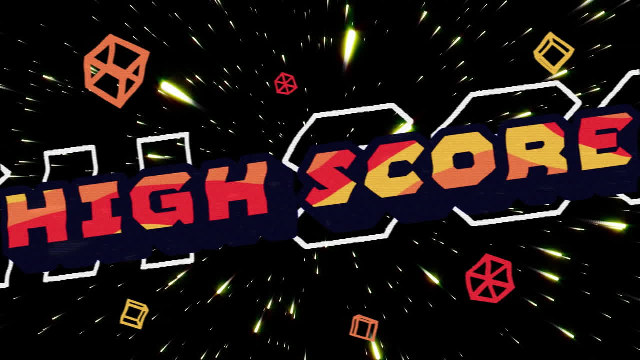 animación de texto de alta puntuación y formas de cubo girando sobre la galaxia